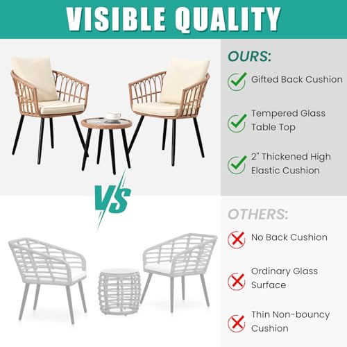 Beige 3 Piece Outdoor Wicker Bistro Set with Cushions G796092