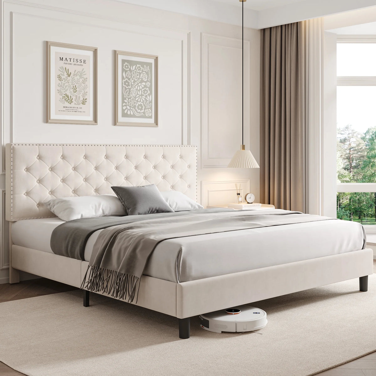 King Size Upholstered Platform Bed with Adjustable Headboard K354019
