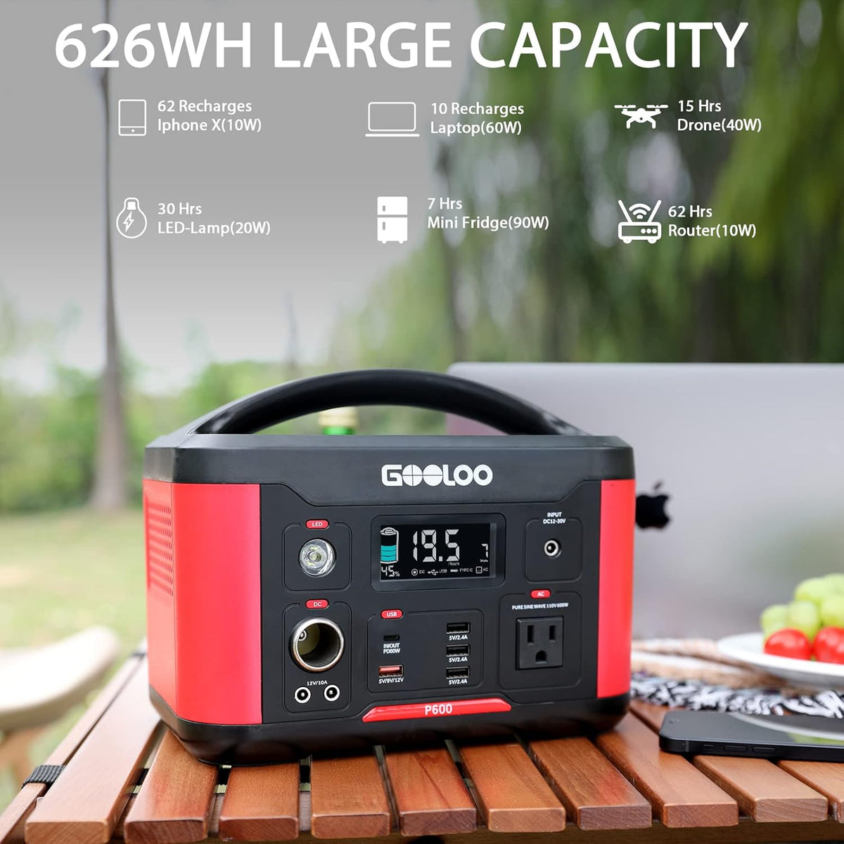 Portable Power Station 626Wh 600W AC Outlets Lithium Battery Y74339