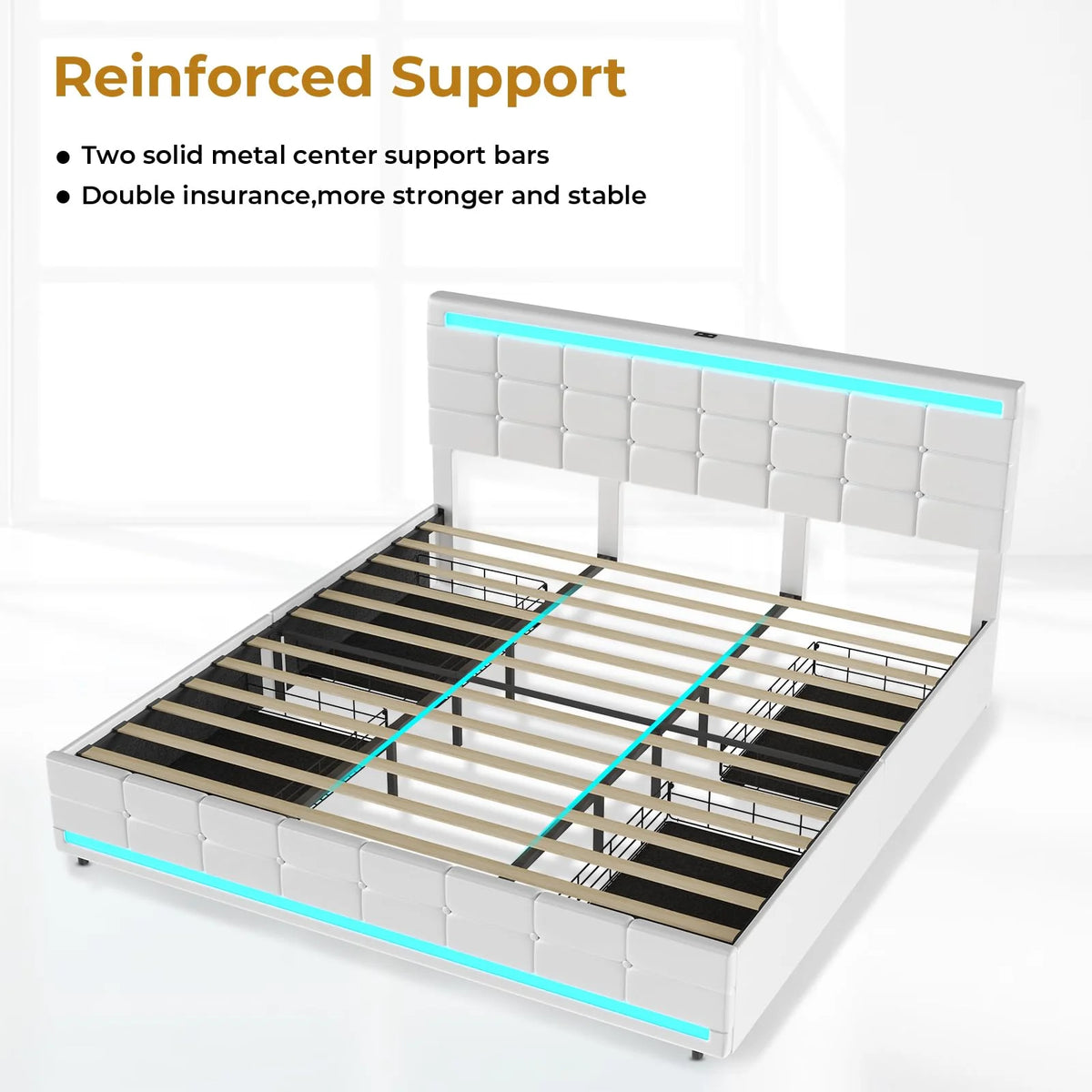 King Bed Frame with Storage Drawers, LED Lights, USB Port, White U83988
