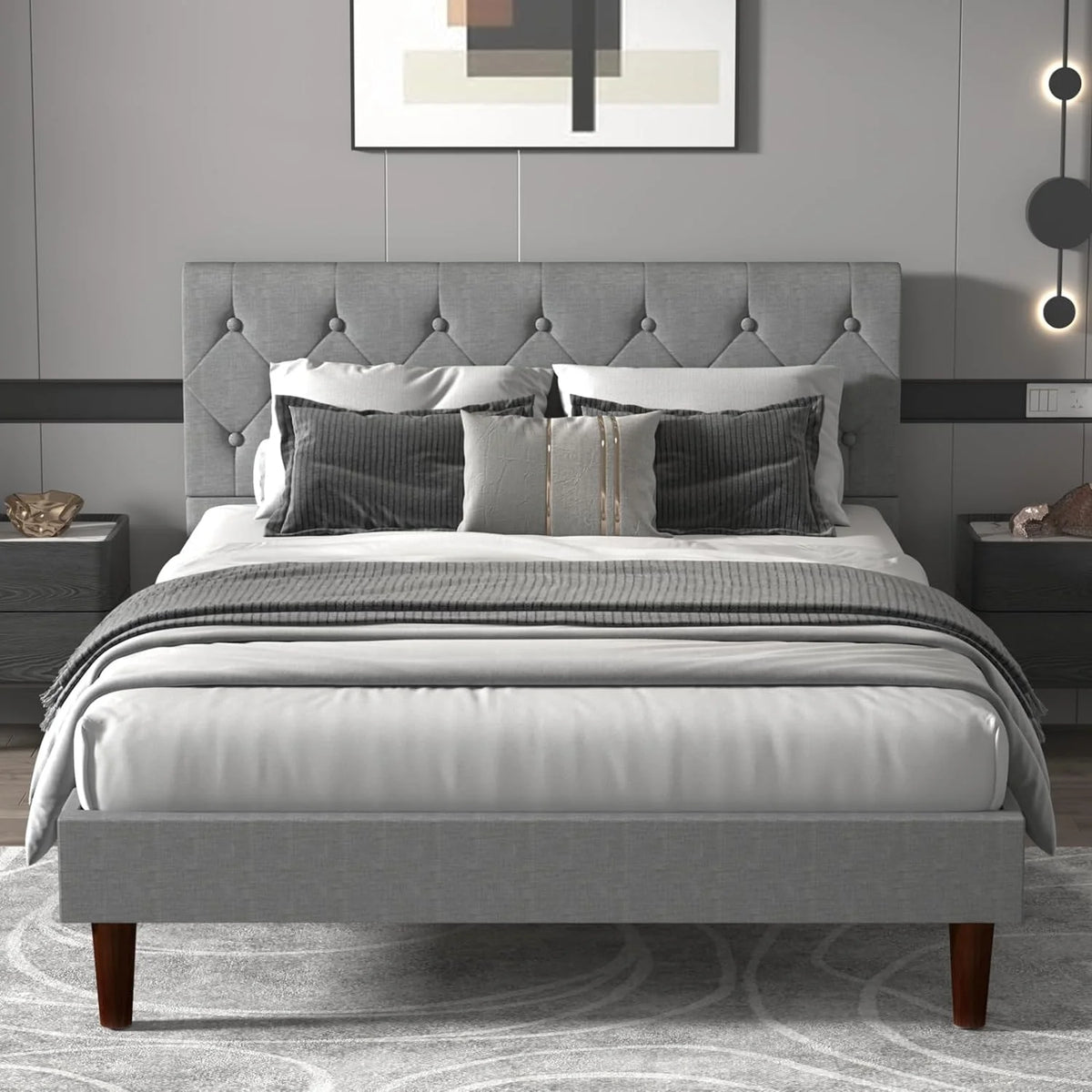 Queen Size Upholstered Platform Bed Frame with Wooden Slats Q9545