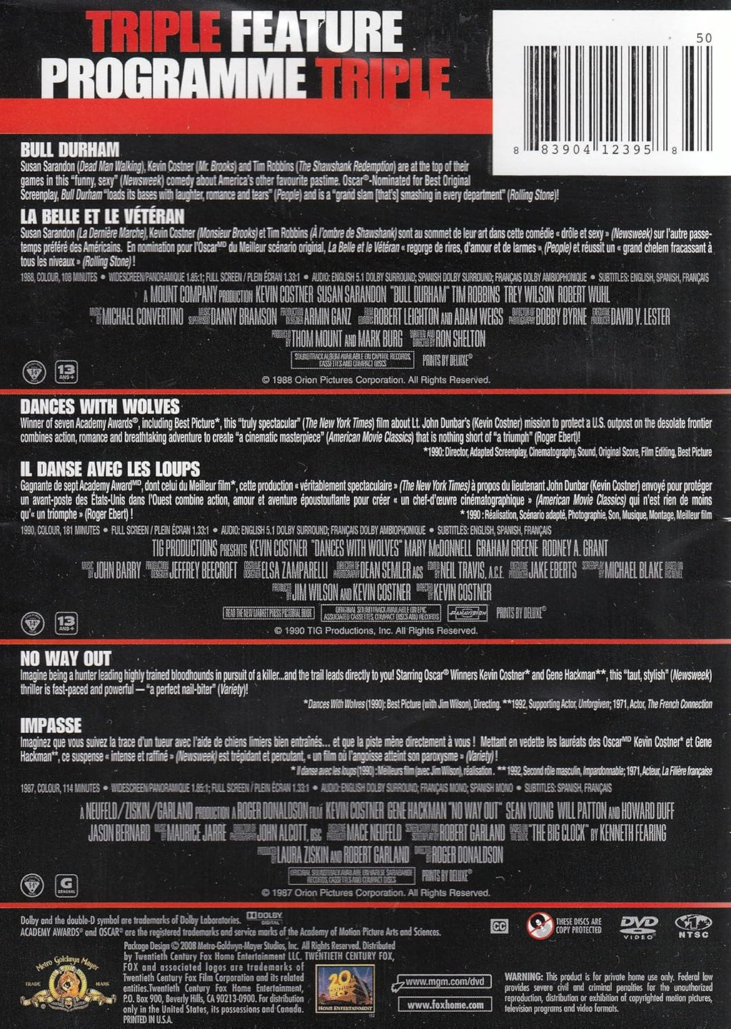 Triple Feature: Bull Durham / Dances with Wolves / No Way Out H396907