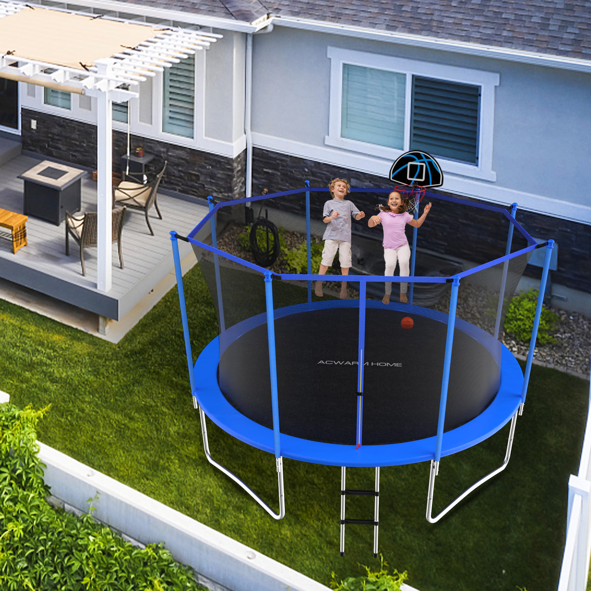 Blue 12FT Outdoor Trampoline with Safety Enclosure and Basketball Hoop W541