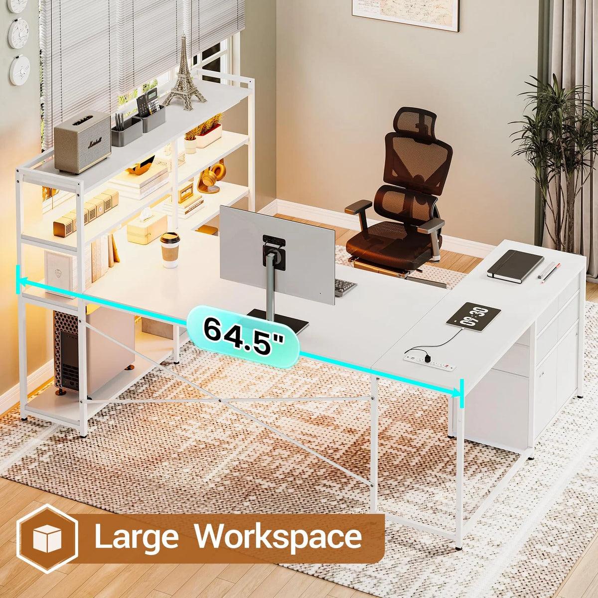 White L Shaped Computer Desk with Power Outlet and Storage Shelves S9948