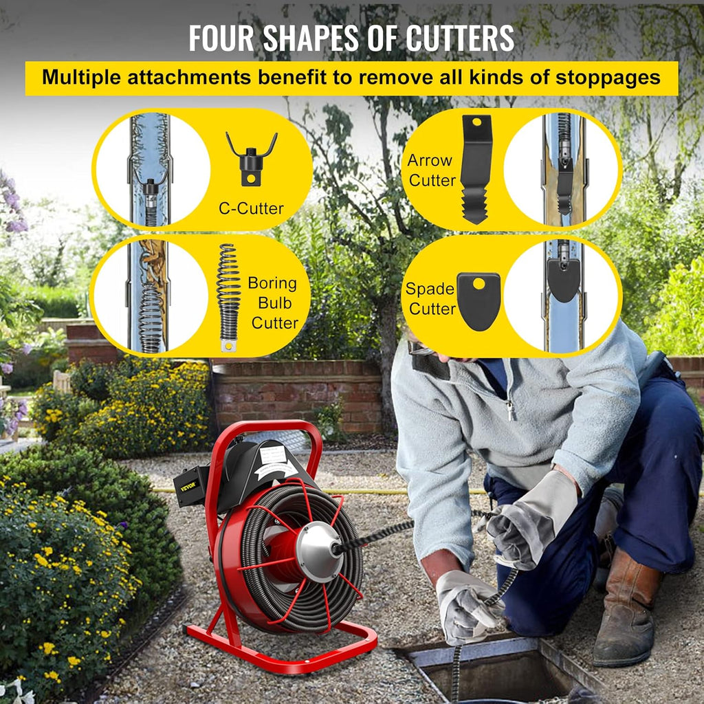 75Ft x 1/2Inch 370W Electric Drain Auger Cleaner with 8 Cutters U463440