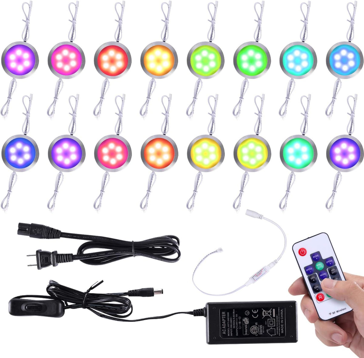 16 Pack Linkable Dimmable RGB Under Cabinet Puck Lights Kit with Remote Control T2521