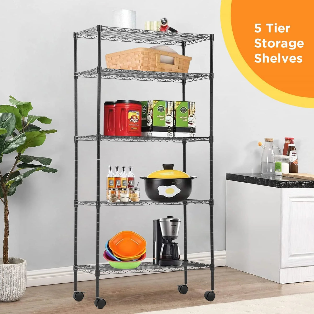 5-Tier Rolling Wire Shelving with Wheels, Black Y204