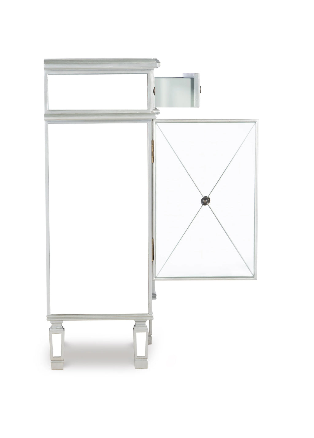 4-Door 3-Drawer Long Console Table with Shelves, Mirrored Surfaces, Silver Wood F497
