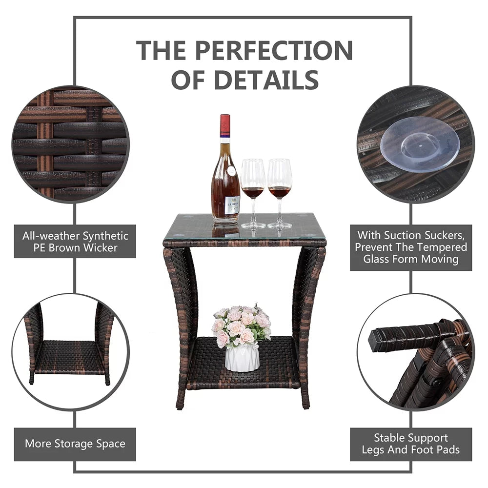 Square Tempered Glass Top Wicker Rattan Side Table with Storage P73799