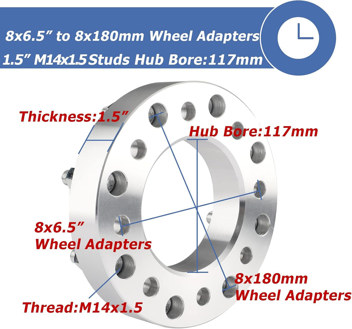 2pcs 8x6.5 to 8x180 Wheel Adapters, 1.5 Inch, Chrome H21011
