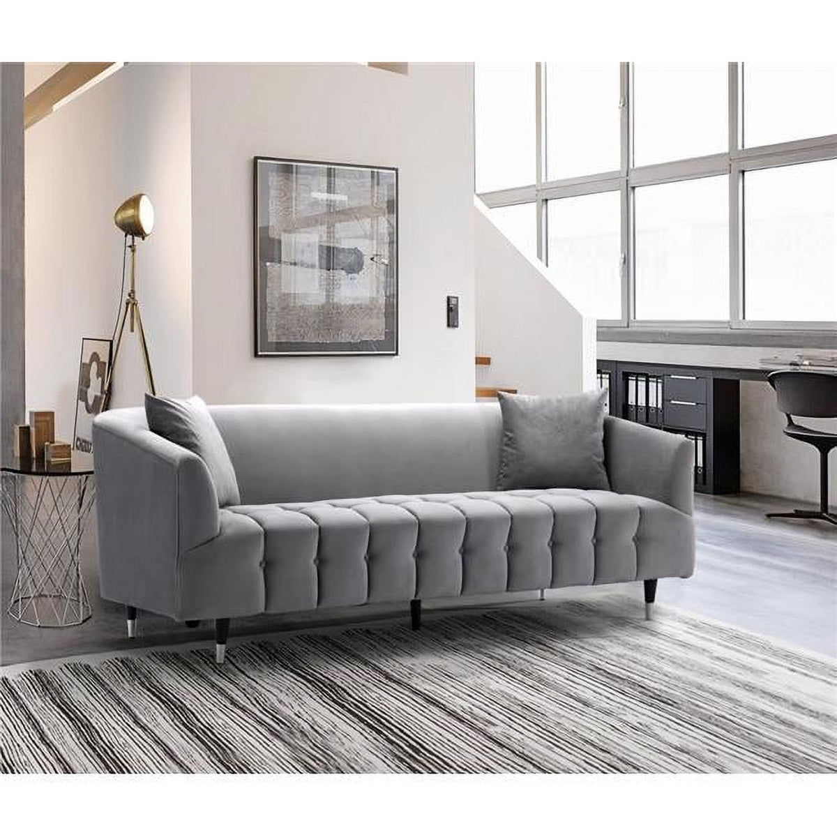 Silver Velvet Sofa with Gold Tip Wood Legs X726056