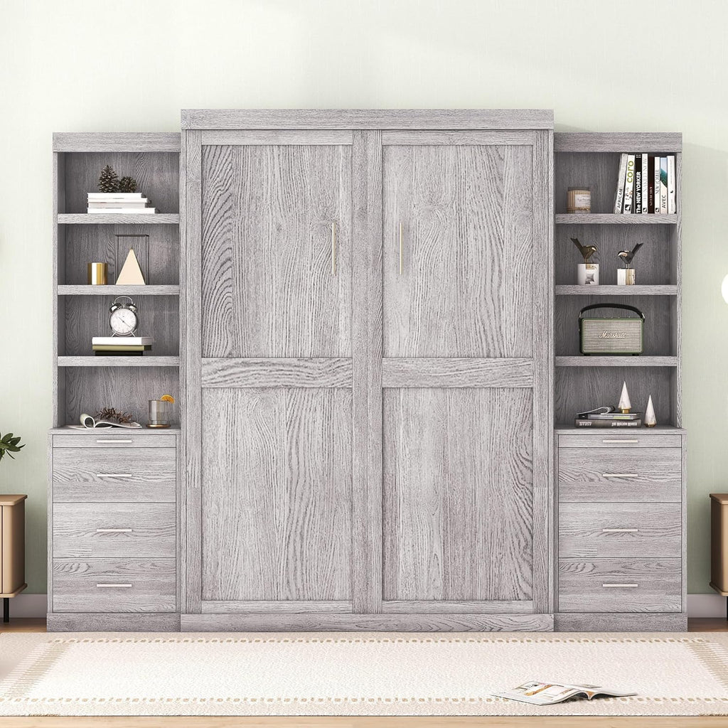 Gray Full Size Wood Murphy Bed with Storage Shelves and Drawers C433280