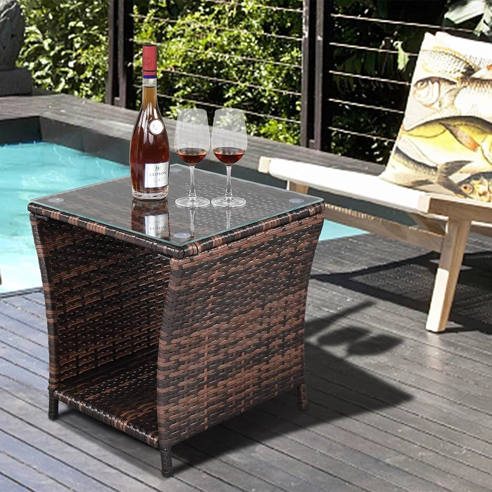 Square Tempered Glass Top Wicker Rattan Side Table with Storage P73799