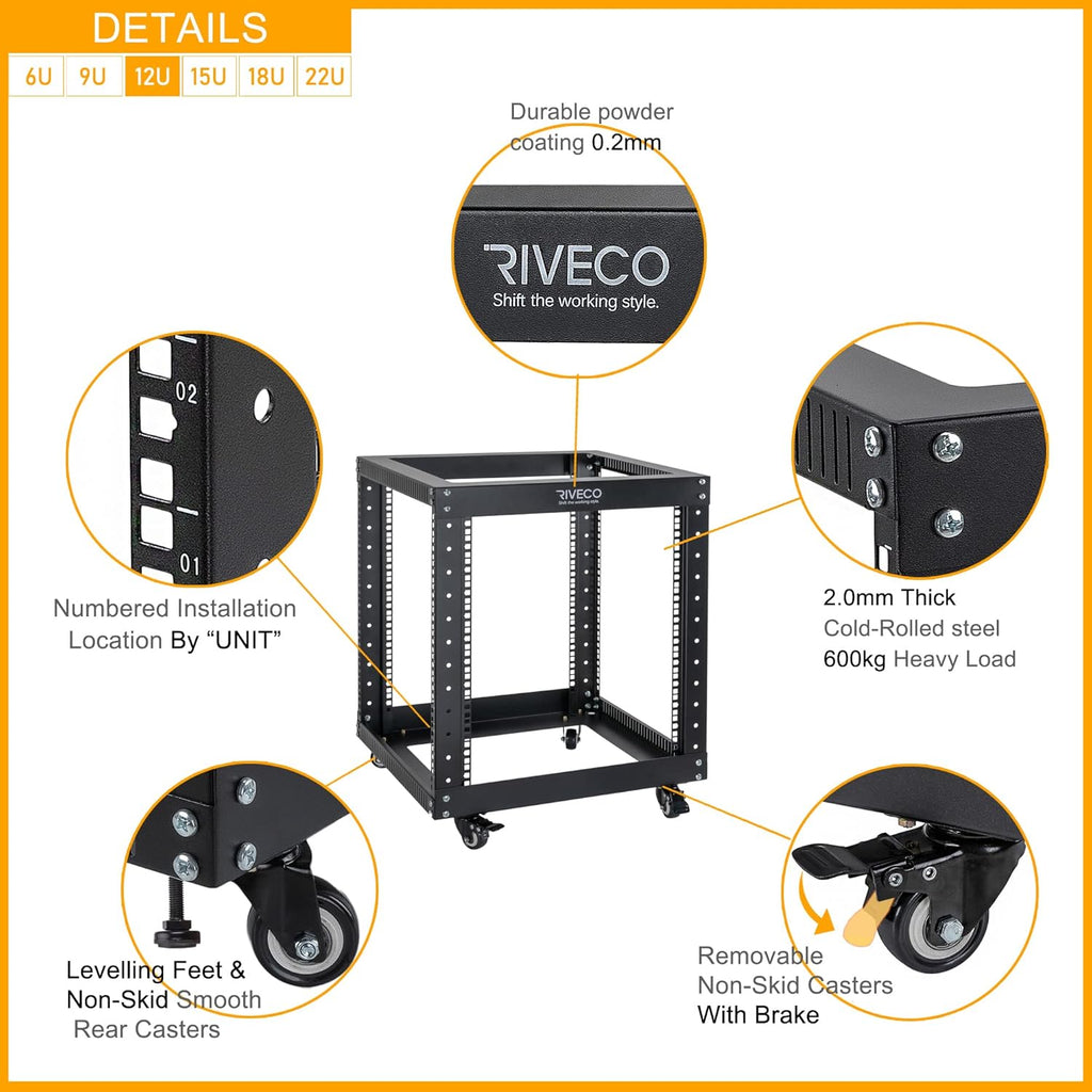 12U Open Frame Server Rack with Casters Black H17036