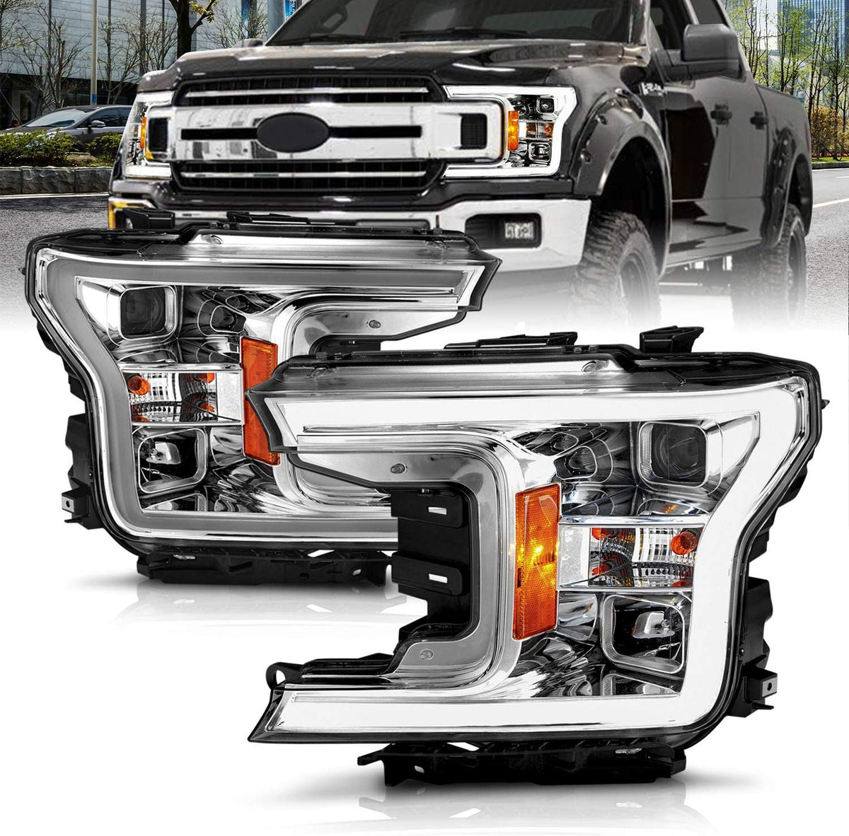 Black Quad Projector Headlights with LED Light Bar Assembly Set G78625