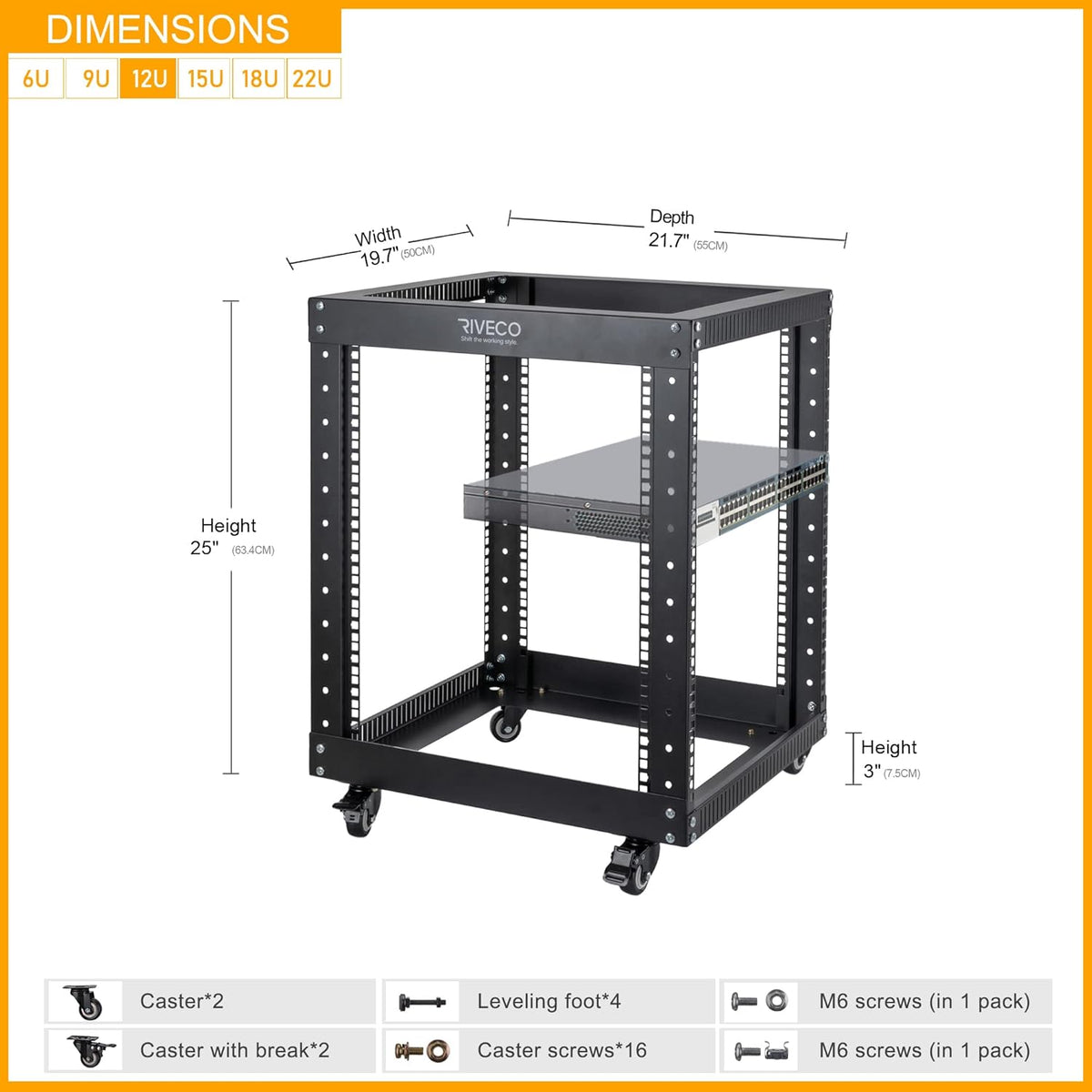 12U Open Frame Server Rack with Casters Black H17036