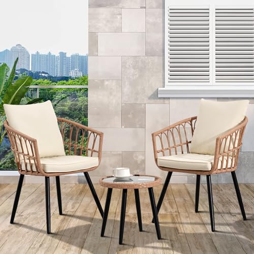 Beige 3 Piece Outdoor Wicker Bistro Set with Cushions G796092