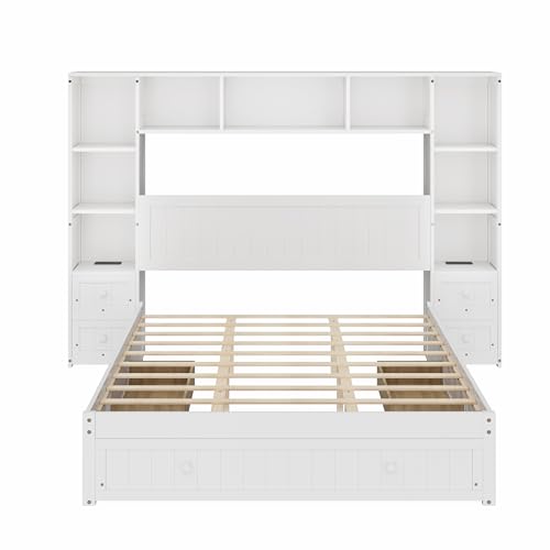 White Full Size Wood Platform Bed with Bookcase Headboard and Drawers B30197
