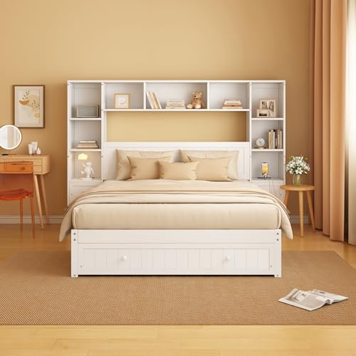 White Full Size Wood Platform Bed with Bookcase Headboard and Drawers B30197