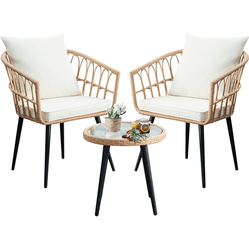 Beige 3 Piece Outdoor Wicker Bistro Set with Cushions G796092