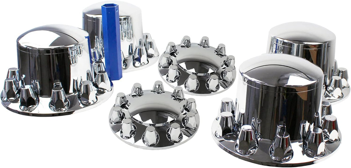 ABS Chrome Plastic Front and Rear Axle Cover Full Kits with 33mm Thread-On Flange Nut Covers and Removable Center Cap O4531