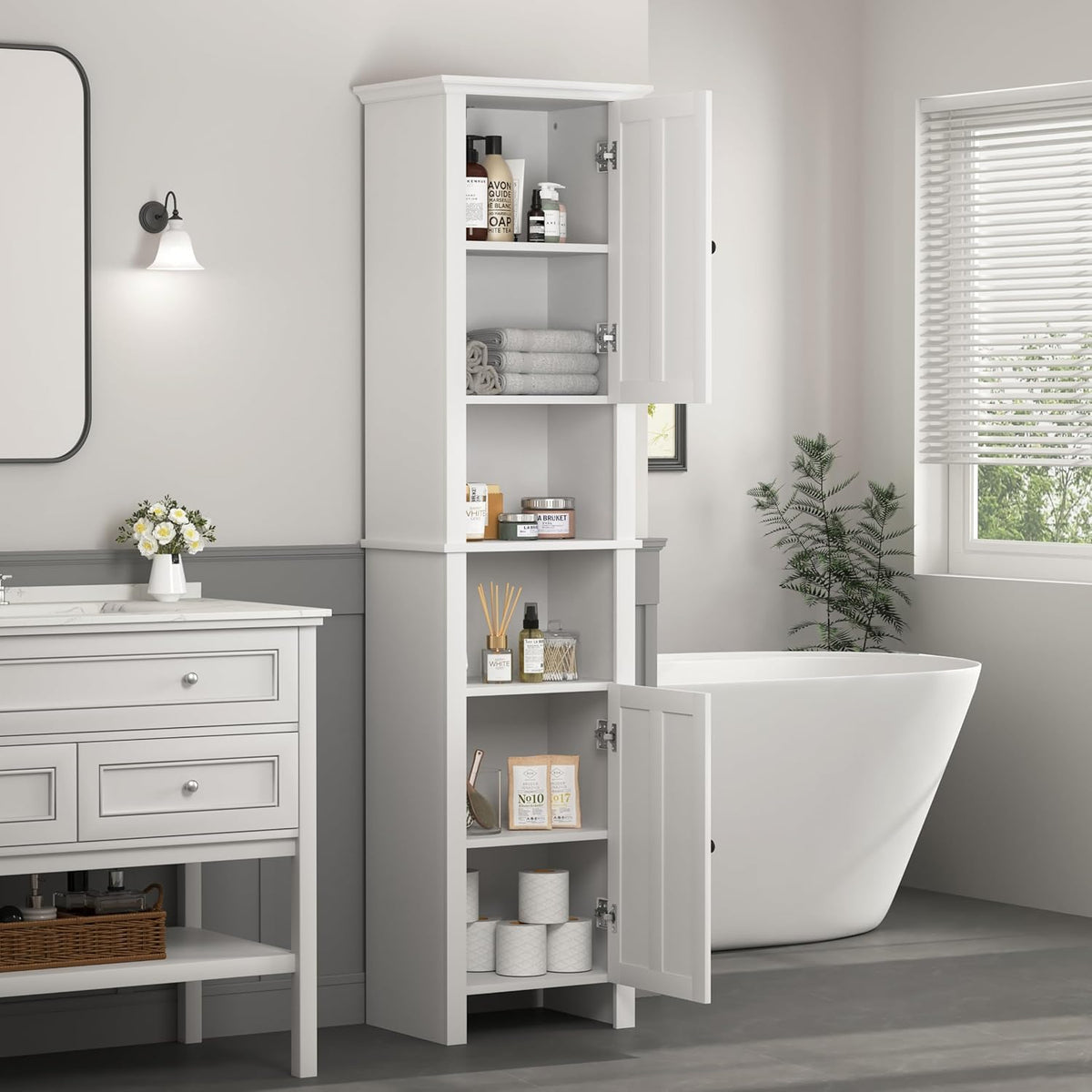 White 15.7"L x 11.8"W x 67"H Narrow Bathroom Storage Cabinet with Shelves and Door C4608