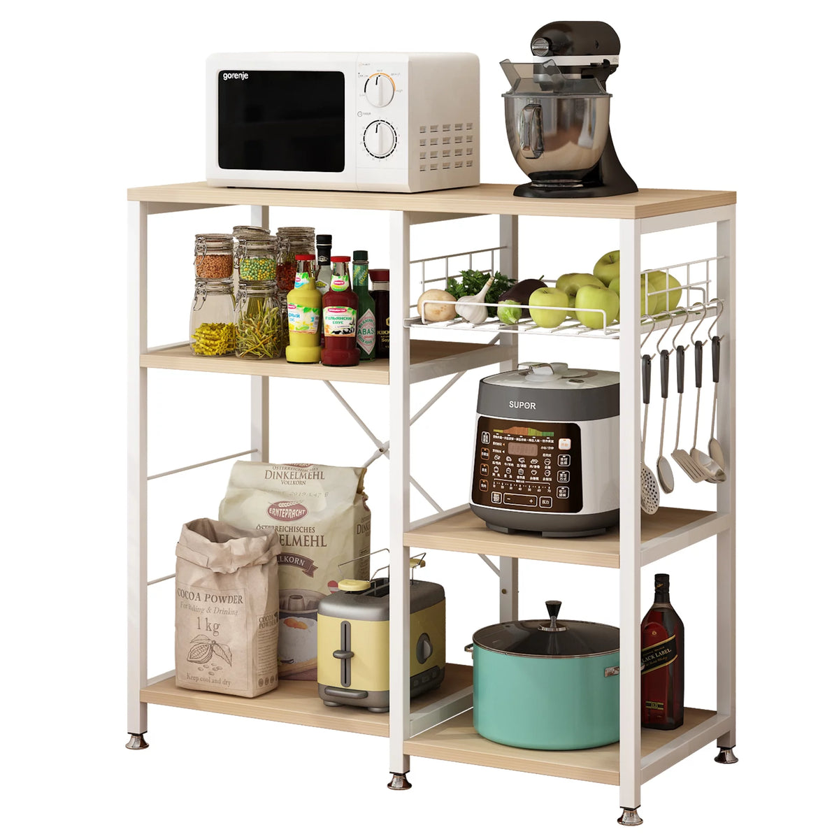 White Oak Bakers Rack with Basket T9125