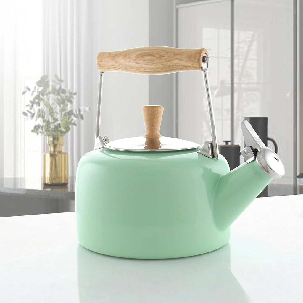 Enamel On Steel Whistling Teakettle with Wood Handle, 1.4 Quarts H86681