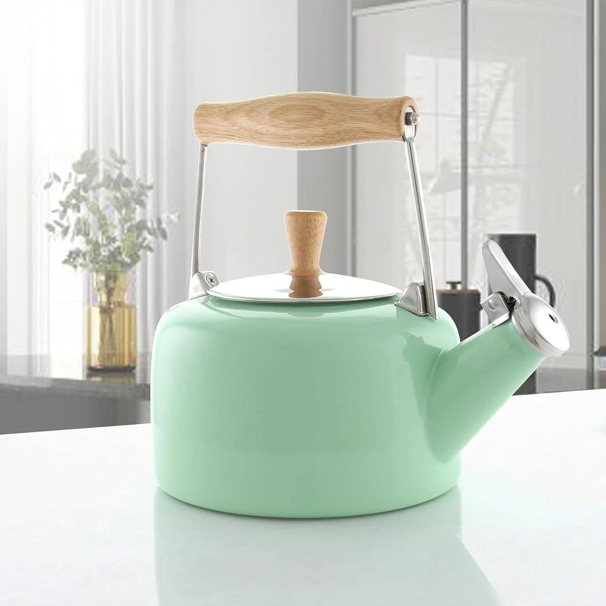 Enamel On Steel Whistling Teakettle with Wood Handle, 1.4 Quarts H86681