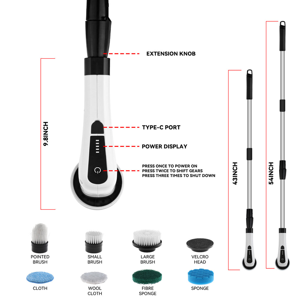 Cordless Electric Spin Scrubber with Long Handle & 7 Replaceable Heads L538