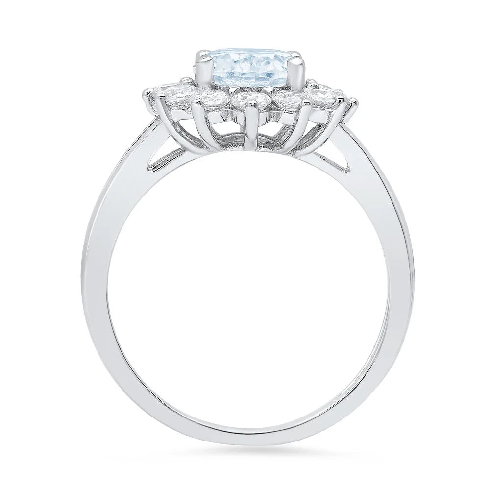 Oval Cut Natural Swiss Blue Topaz 18k White Gold Halo Ring C459355
