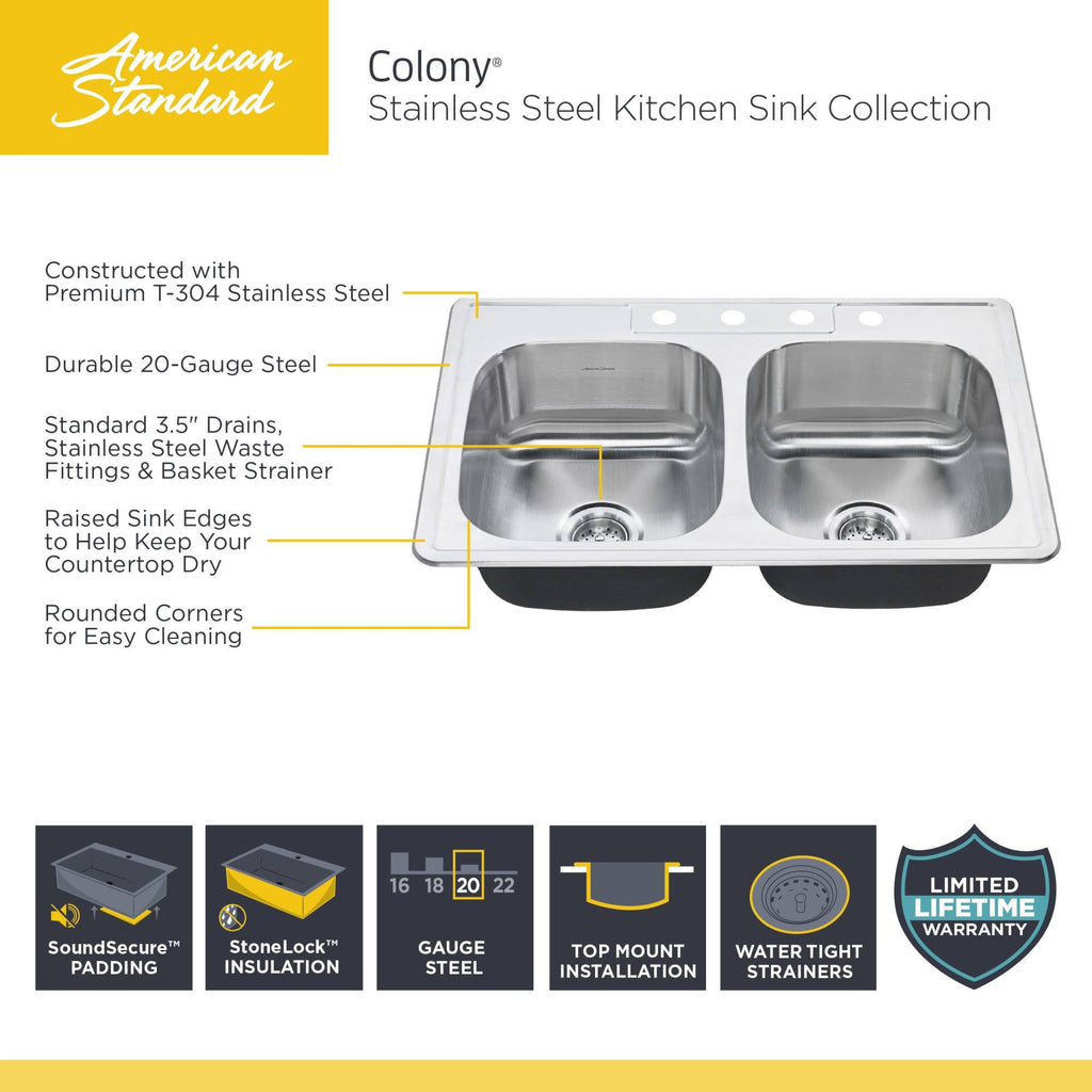 33x22 Double Bowl Stainless Steel 3-Hole Kitchen Sink D384