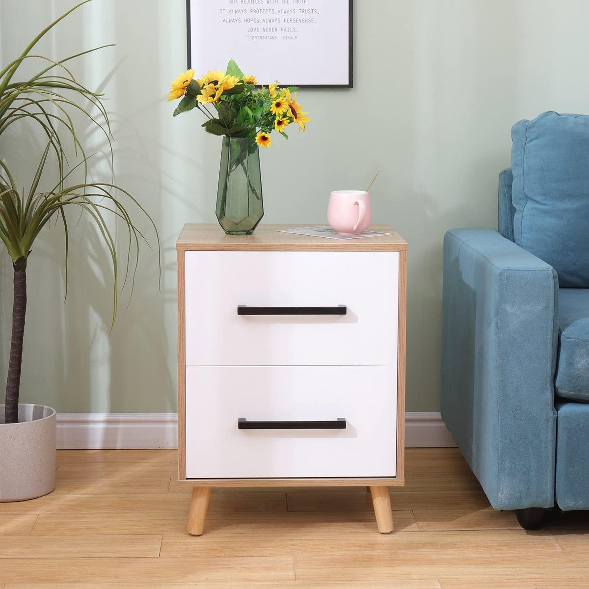 White 2 Drawer Nightstand with Solid Wood Legs M385