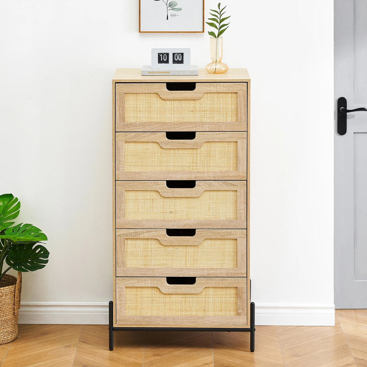 5 Drawer Natural Rattan Wood Dresser with Metal Legs U18760