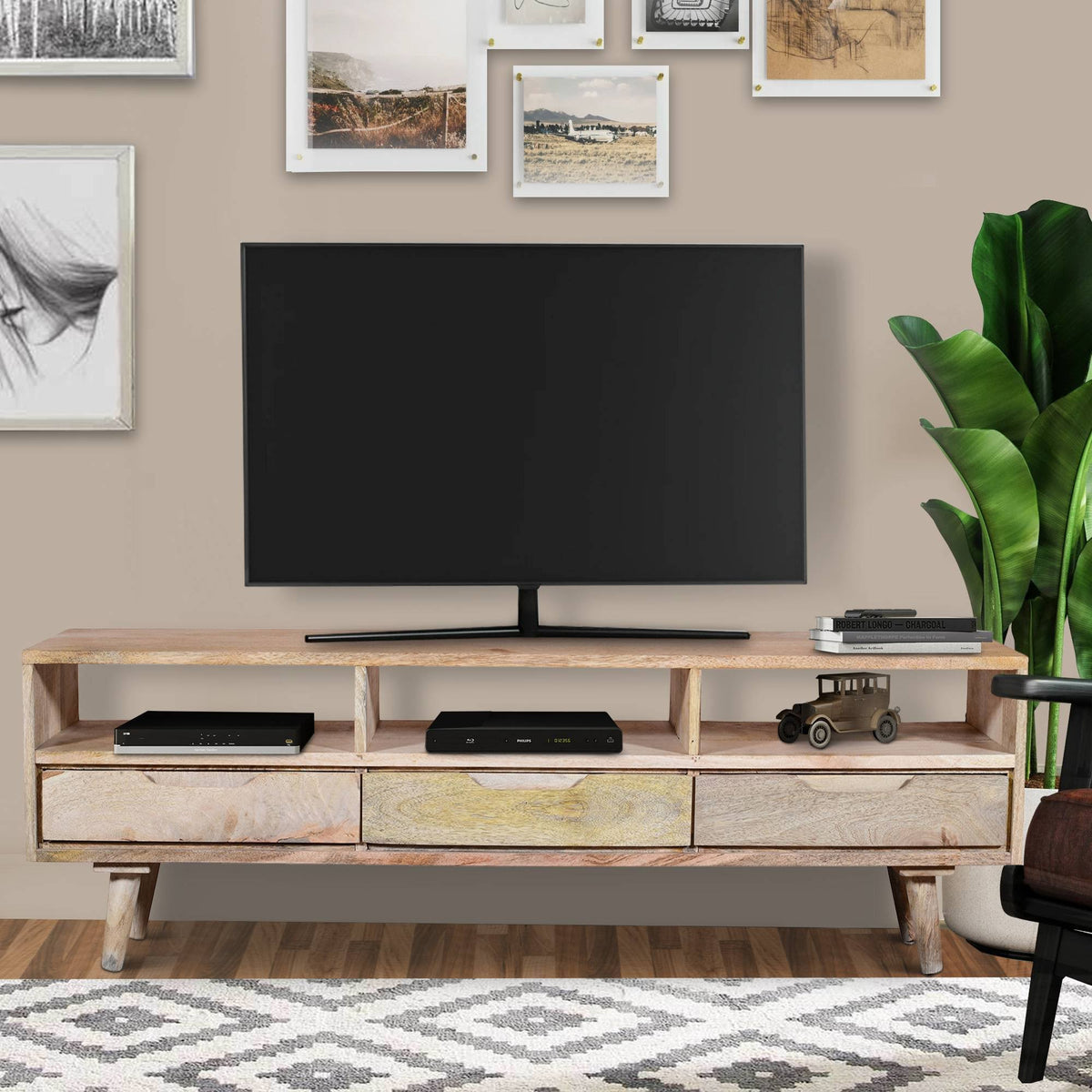 3 Drawer Mango Wood TV Media Cabinet with 3 Open Compartments J23200