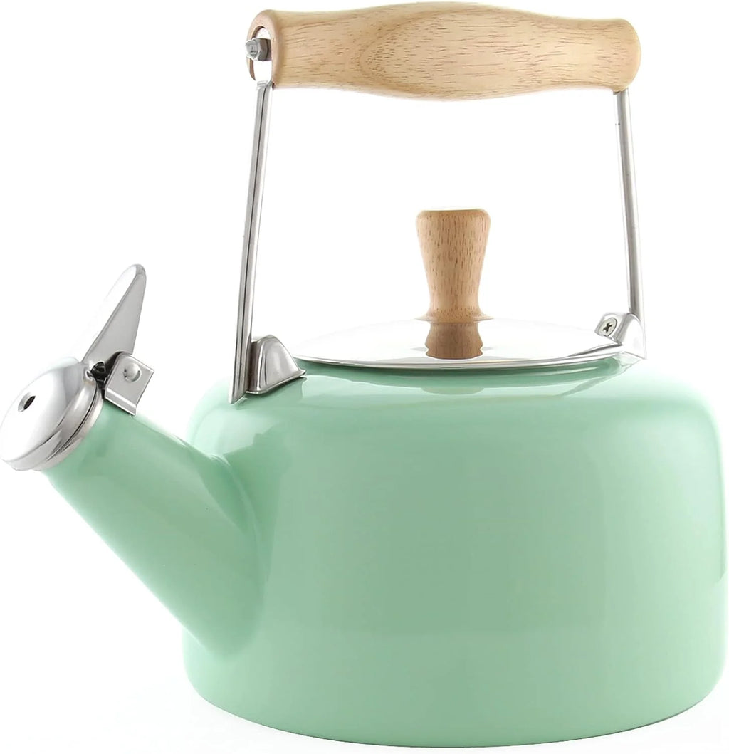 Enamel On Steel Whistling Teakettle with Wood Handle, 1.4 Quarts H86681