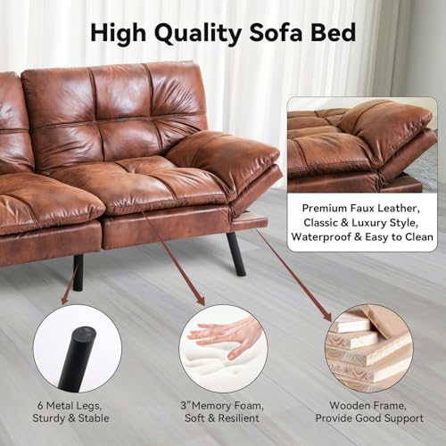 Brown Faux Leather Memory Foam Futon Sofa Bed W876