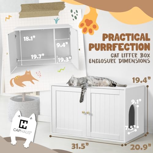 White Wooden Cat Litter Box with Double Doors C9029