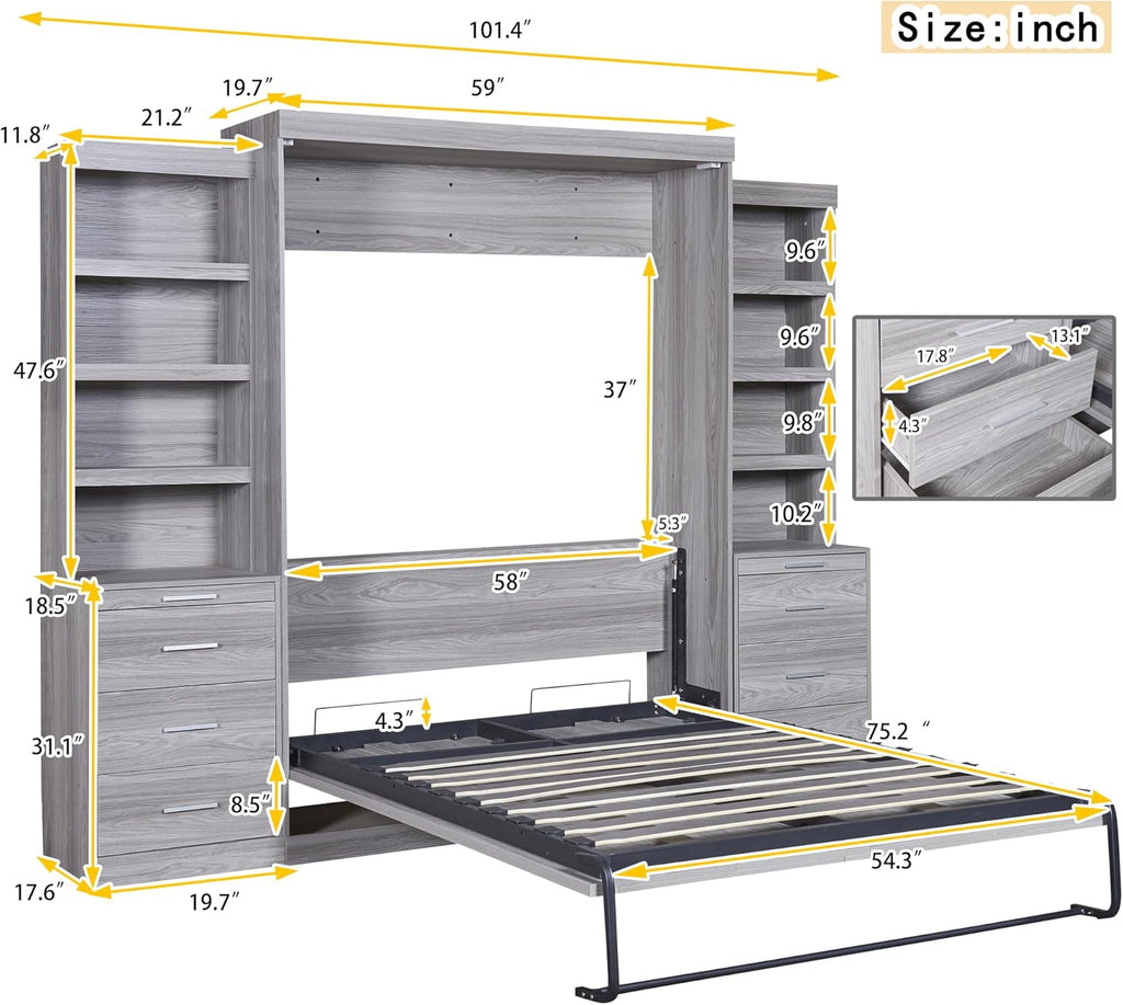 Gray Full Size Wood Murphy Bed with Storage Shelves and Drawers C433280