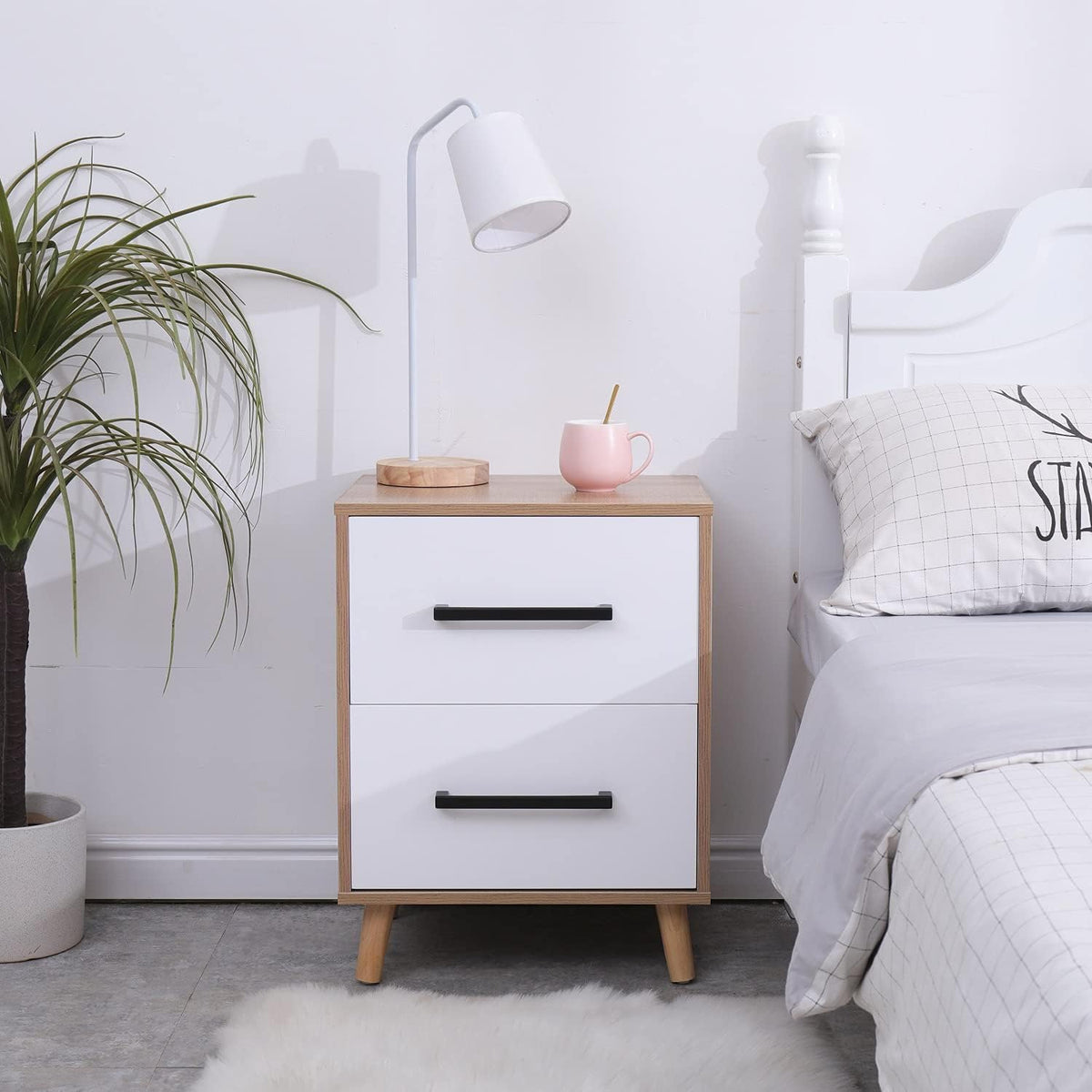 White 2 Drawer Nightstand with Solid Wood Legs M385