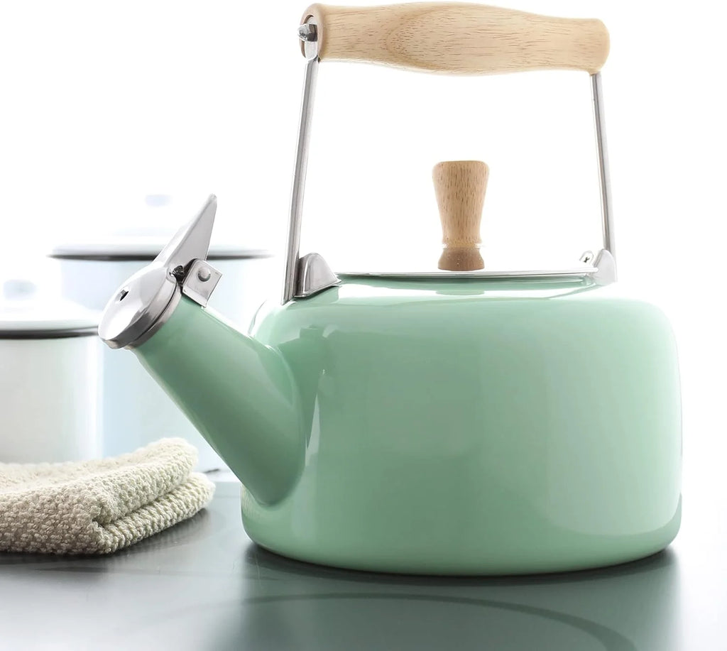 Enamel On Steel Whistling Teakettle with Wood Handle, 1.4 Quarts H86681