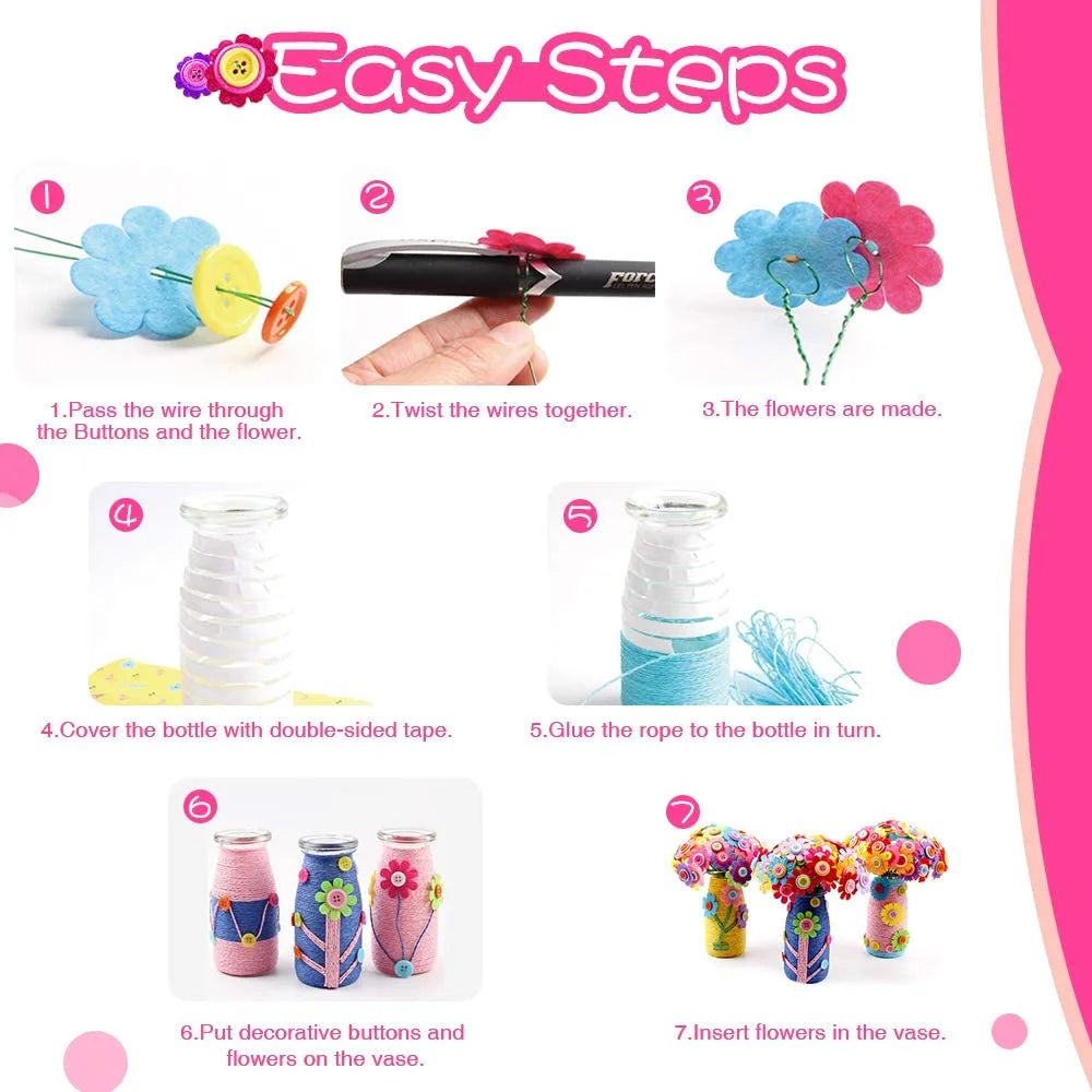 Colorful Buttons and Felt Flower Kit Vase Arts Toy Craft Project E968