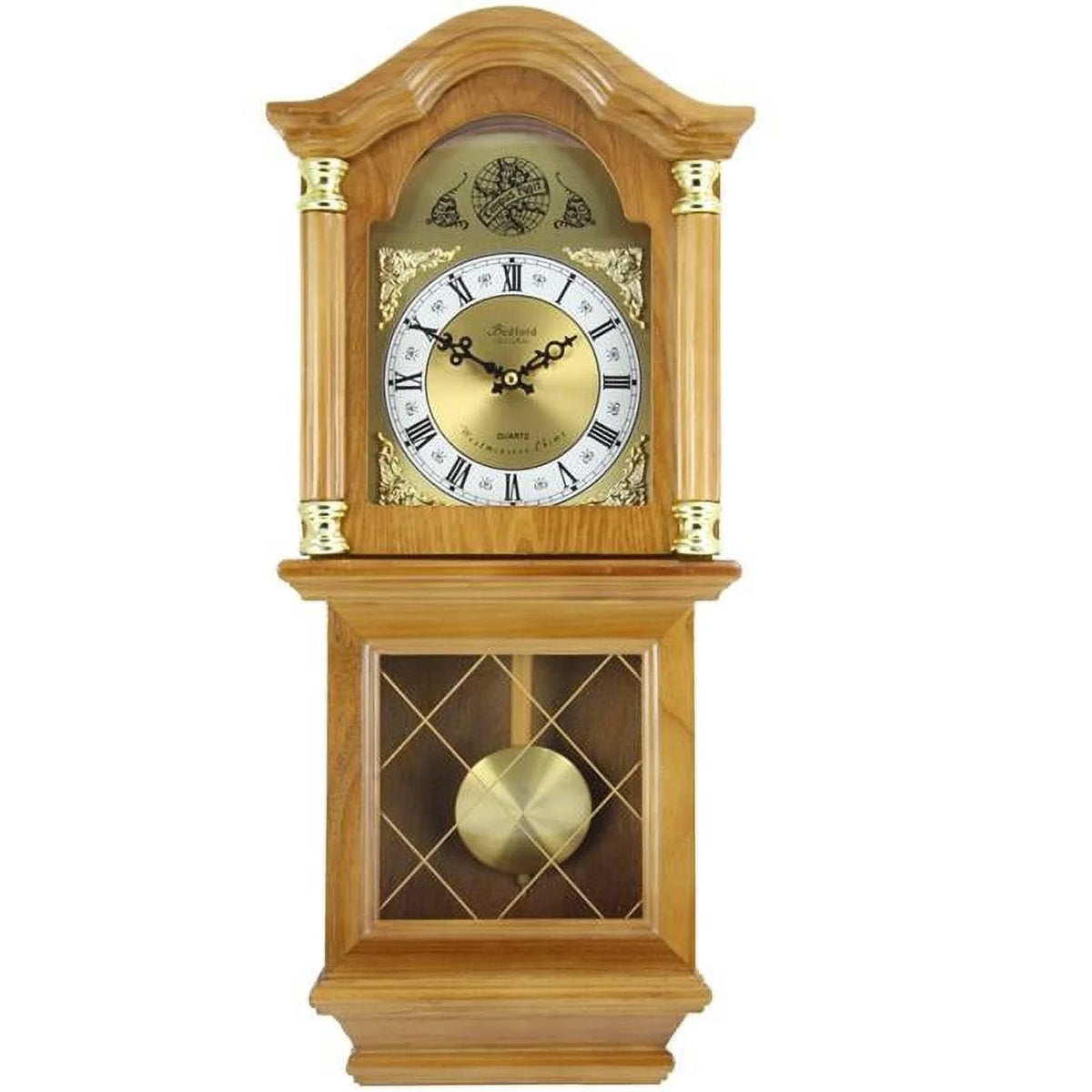 Golden Oak Chiming Wall Clock with Swinging Pendulum I27634