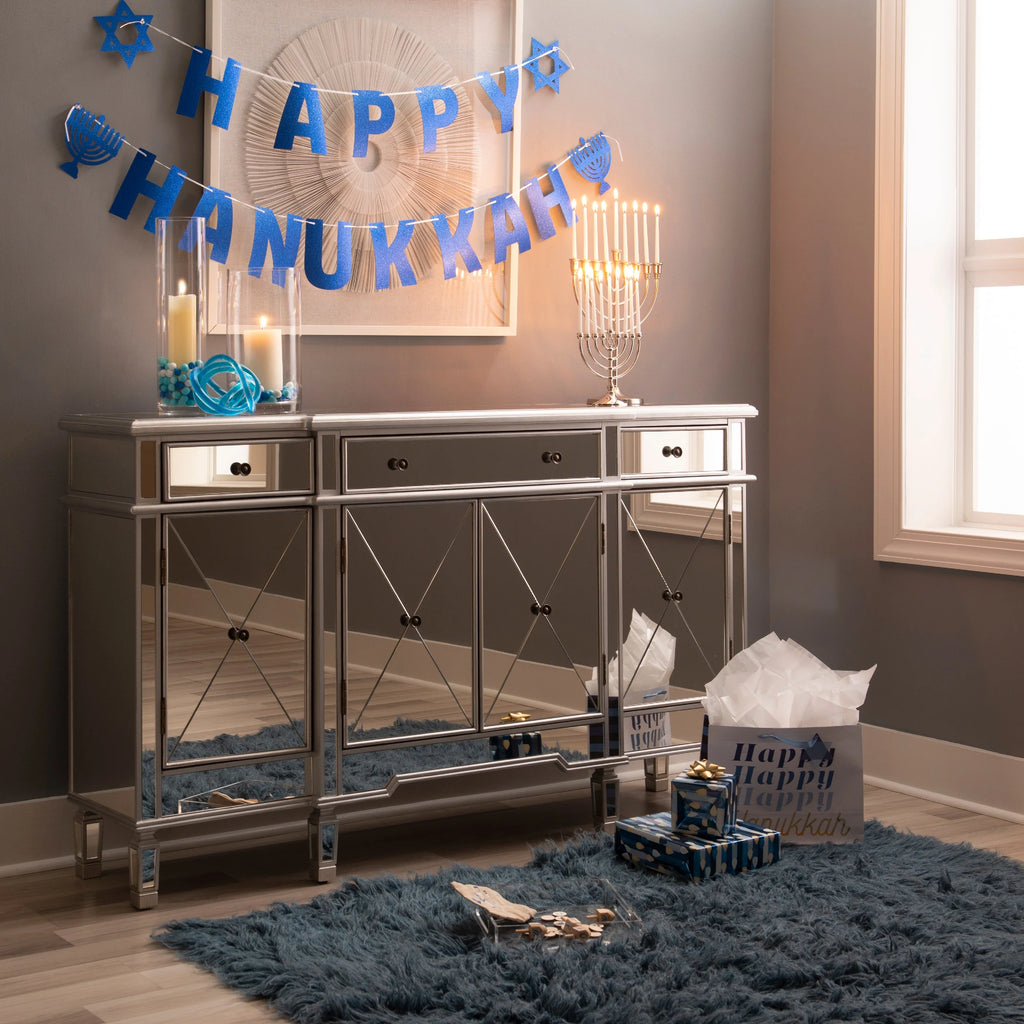 4-Door 3-Drawer Long Console Table with Shelves, Mirrored Surfaces, Silver Wood F497