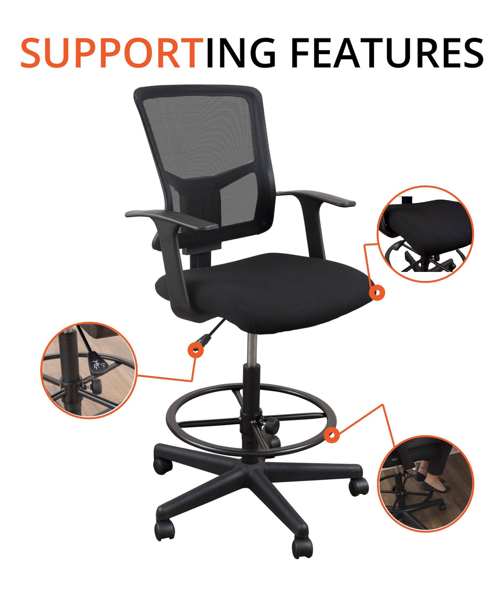 Black Sit to Stand Drafting Stool Chair with Adjustable Footrest and Armrests Y36373