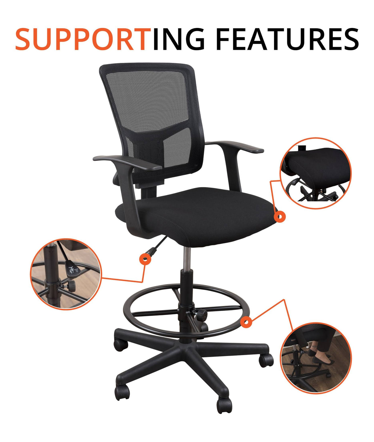 Black Sit to Stand Drafting Stool Chair with Adjustable Footrest and Armrests Y36373