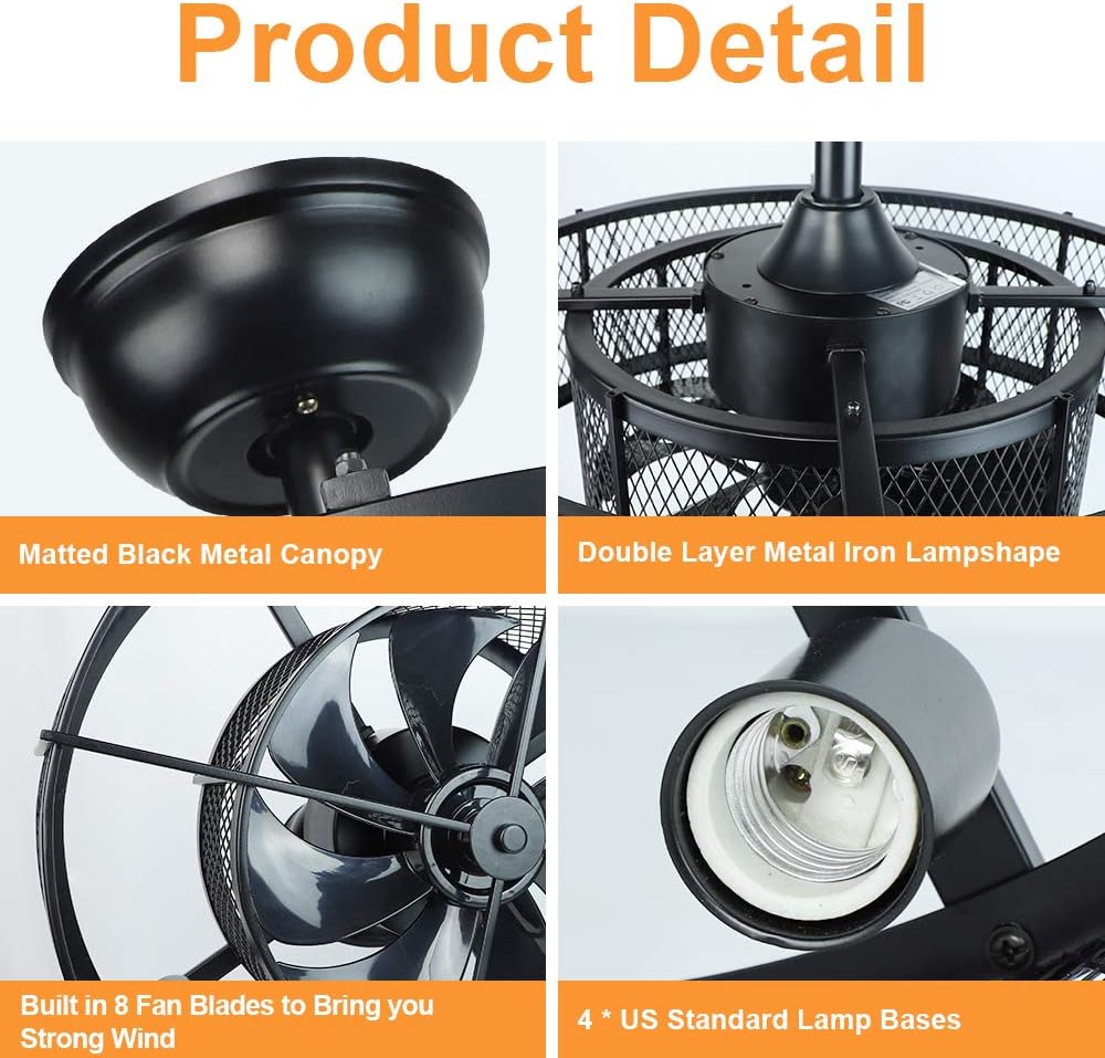 20In Caged Ceiling Fan with Light, 3 Speeds, Remote, Black I663