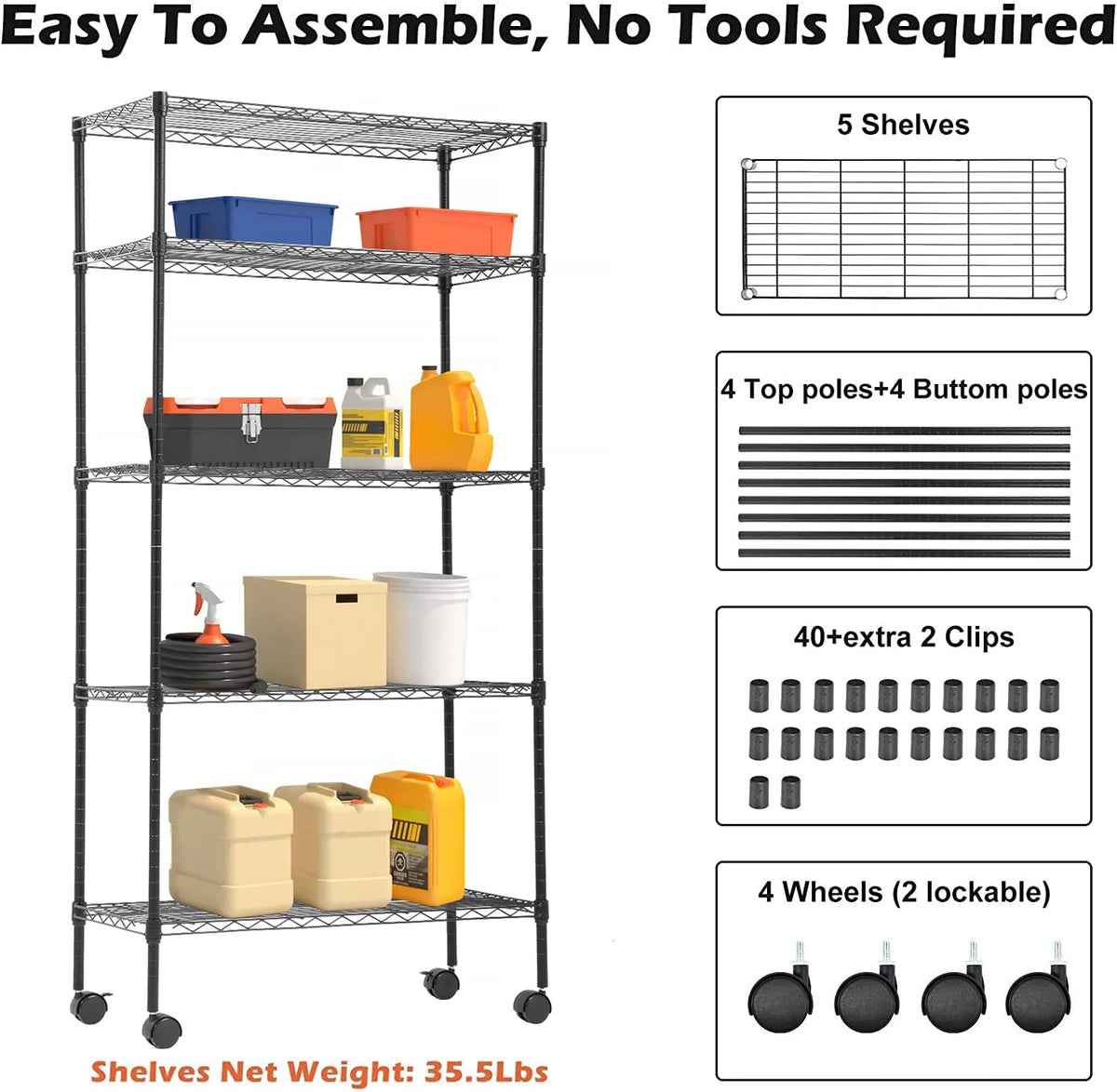 5-Tier Rolling Wire Shelving with Wheels, Black Y204