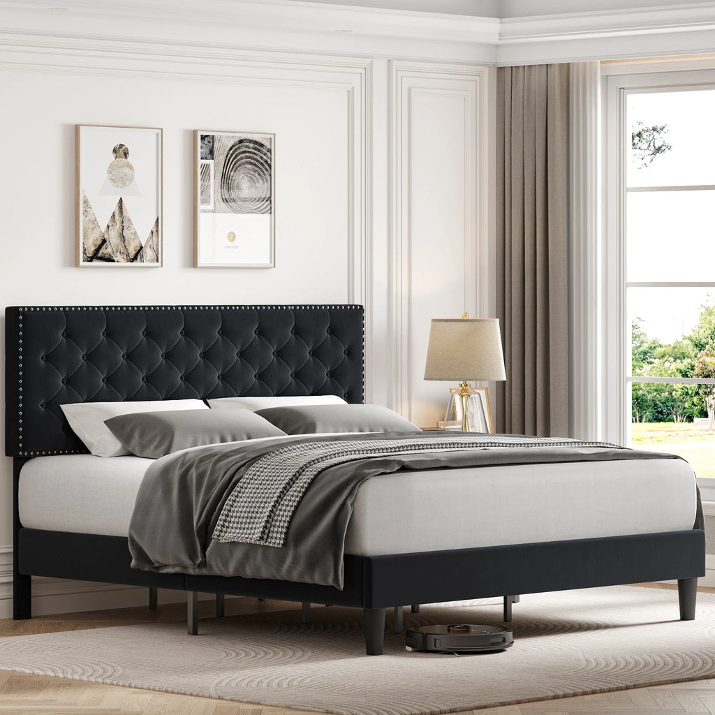 King Size Upholstered Platform Bed with Adjustable Headboard K354019