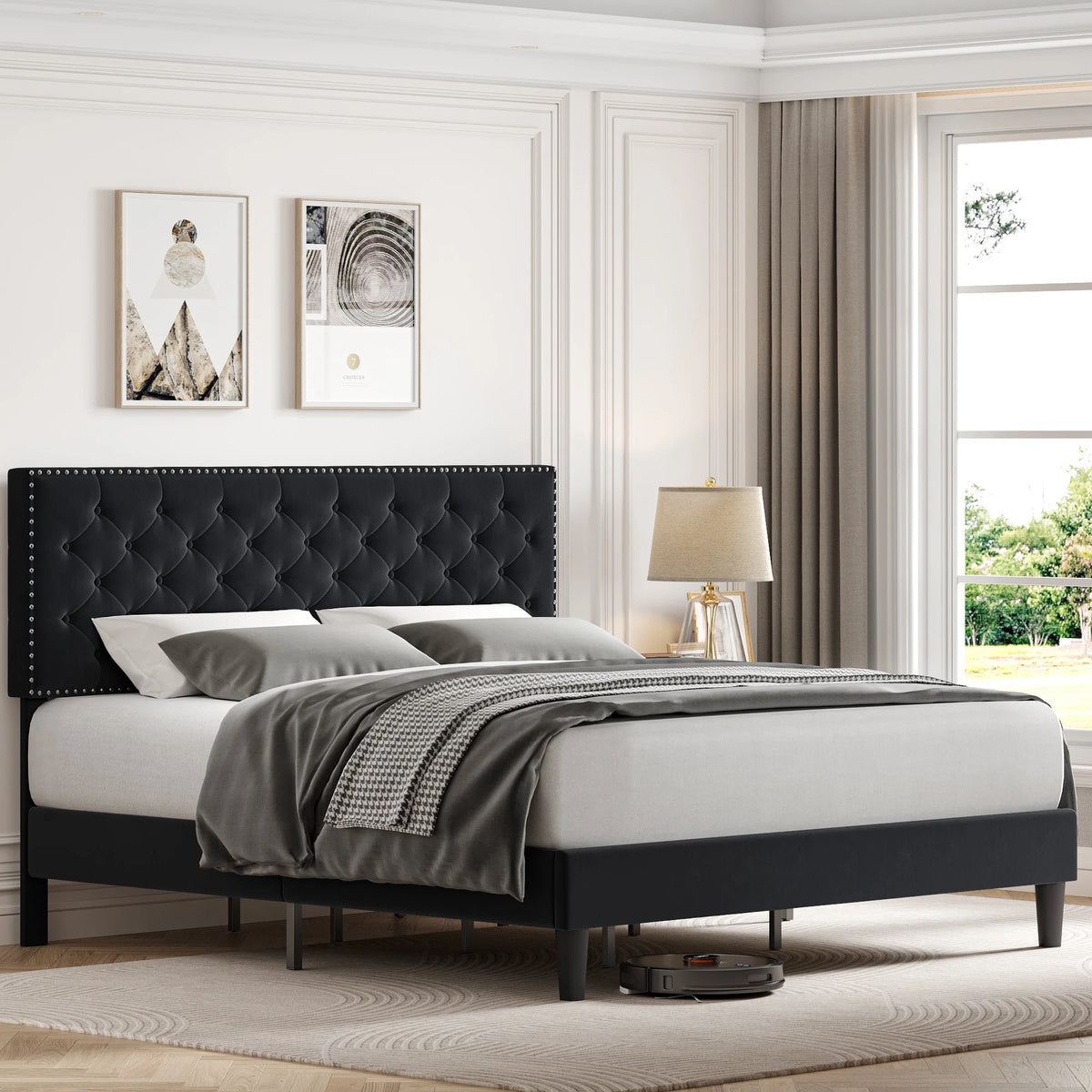 King Size Upholstered Platform Bed with Adjustable Headboard K354019